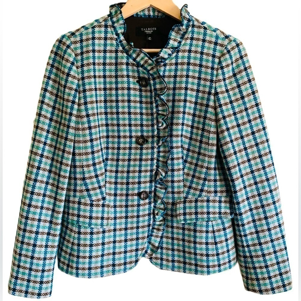 Talbots Blue Teal Plaid Tweed Blazer
